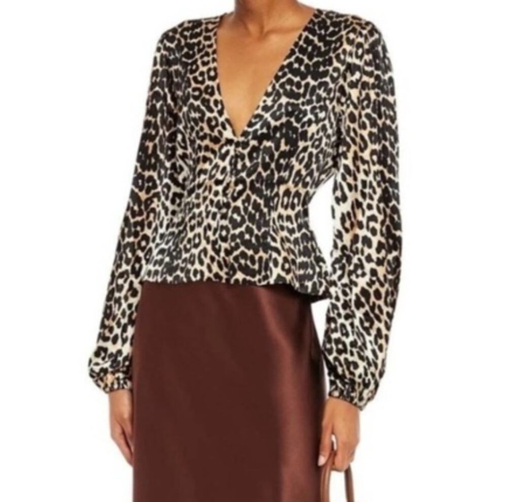 GANNI Leopard Print Silk Blend Cropped Long Sleeve Top Blouse EU 40 US Large